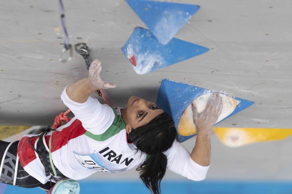 Iranian athlete Elnaz Rekabi competes during the women&#039;s Boulder &amp; Lead final during the IFSC Climbing Asian Championships in Seoul, Sunday, Oct. 16, 2022. Rekabi left South Korea on Tuesday, ...