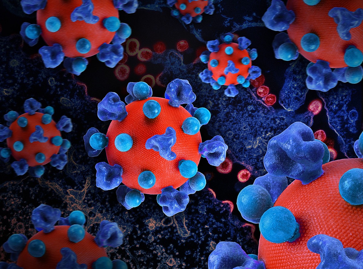 Kreatives Kunstwerk mit kolorierten 3D-Drucken von HIV-Viruspartikeln.