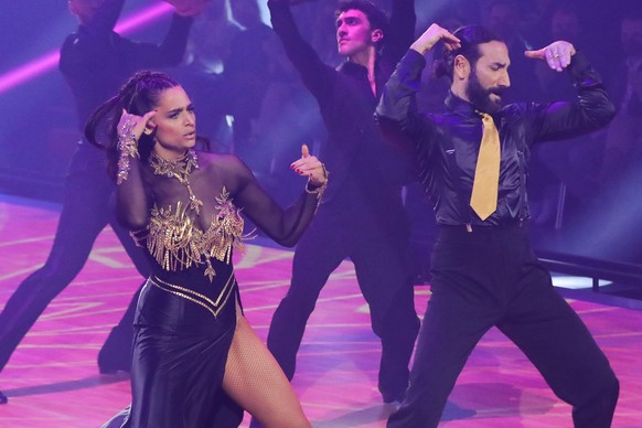 COLOGNE, GERMANY - APRIL 29: Amira Pocher and Massimo Sinató perform on stage during the 9th show of the 15th season of the television competition show &quot;Let&#039;s Dance&quot; at MMC Studios on A ...