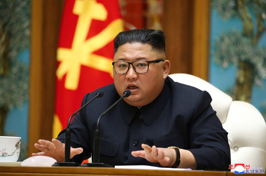 April 12, 2020: N.K. leader Kim speaks at politburo meeting North Korean leader Kim Jong-un speaks at a politburo meeting of the ruling Workers Party on April 11, 2020, in this photo captured from the ...