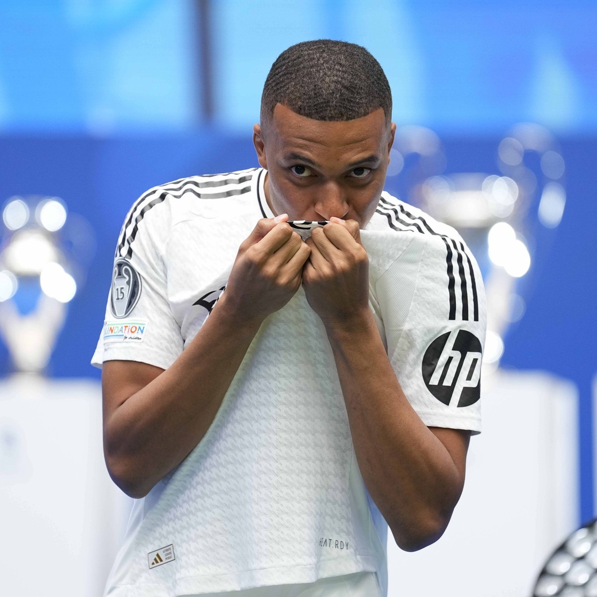 July 16, 2024, Madrid, Madrid, SPAIN: Kylian Mbappe reacts during his presentation as new player of Real Madrid at Santiago Bernabeu stadium on July 16, 2024 in Madrid, Spain. Madrid SPAIN - ZUMAa181 ...