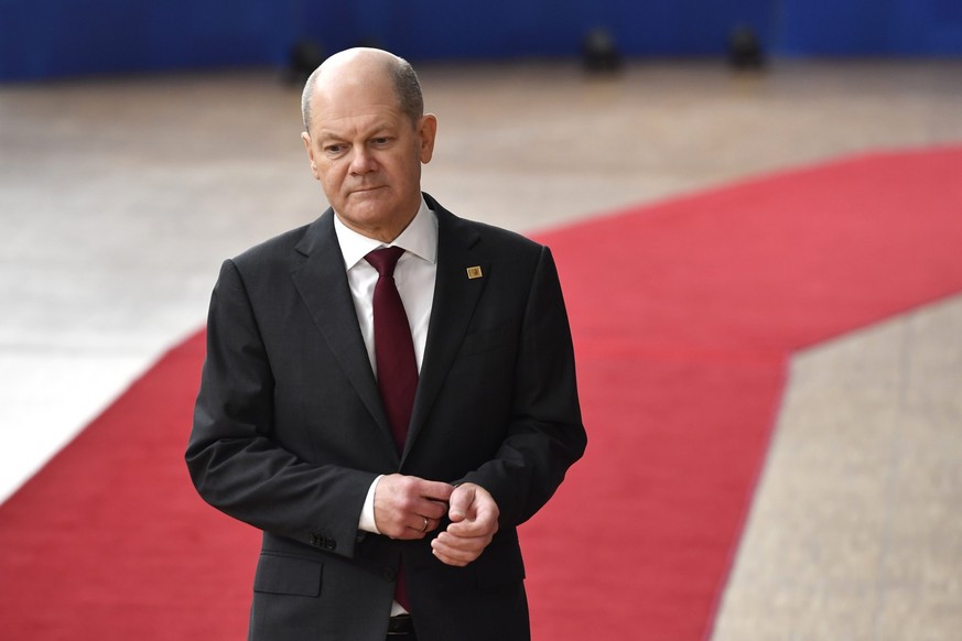 Germany&#039;s Chancellor Olaf Scholz arrives for an EU summit at the European Council building in Brussels, Thursday, March 23, 2023. European Union leaders meet Thursday for a two-day summit to disc ...