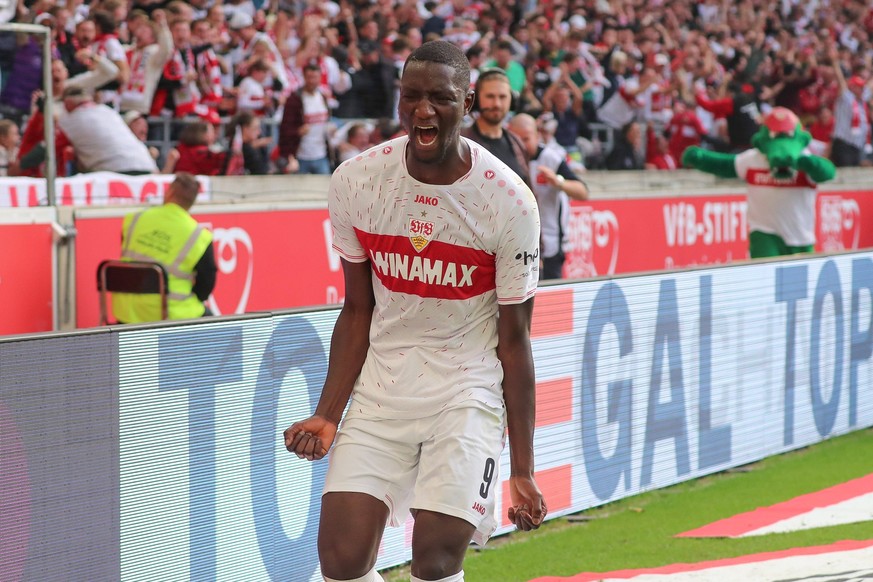 07.10.2023, xgox, Fussball 1.Bundesliga, VfB Stuttgart - VfL Wolfsburg emspor, v.l. Serhou Guirassy Stuttgart, 9 Jubel, Torjubel, jubelt ueber das Tor, celebrate the goal, celebration DFL/DFB REGULATI ...