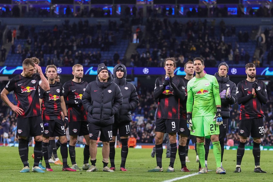 UEFA Champions League round of 16 Manchester City v RB Leipzig Dejected RB Leipzig go over to the travelling fans after the UEFA Champions League round of 16 Manchester City vs RB Leipzig at Etihad St ...