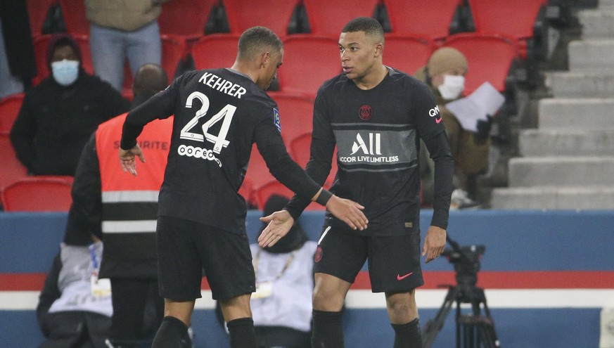 Kylian Mbappe of PSG celebrates his goal with Thilo Kehrer (left) during the French championship Ligue 1 football match between Paris Saint-Germain (PSG) and Stade Brestois 29 (Brest) on January 15, 2 ...