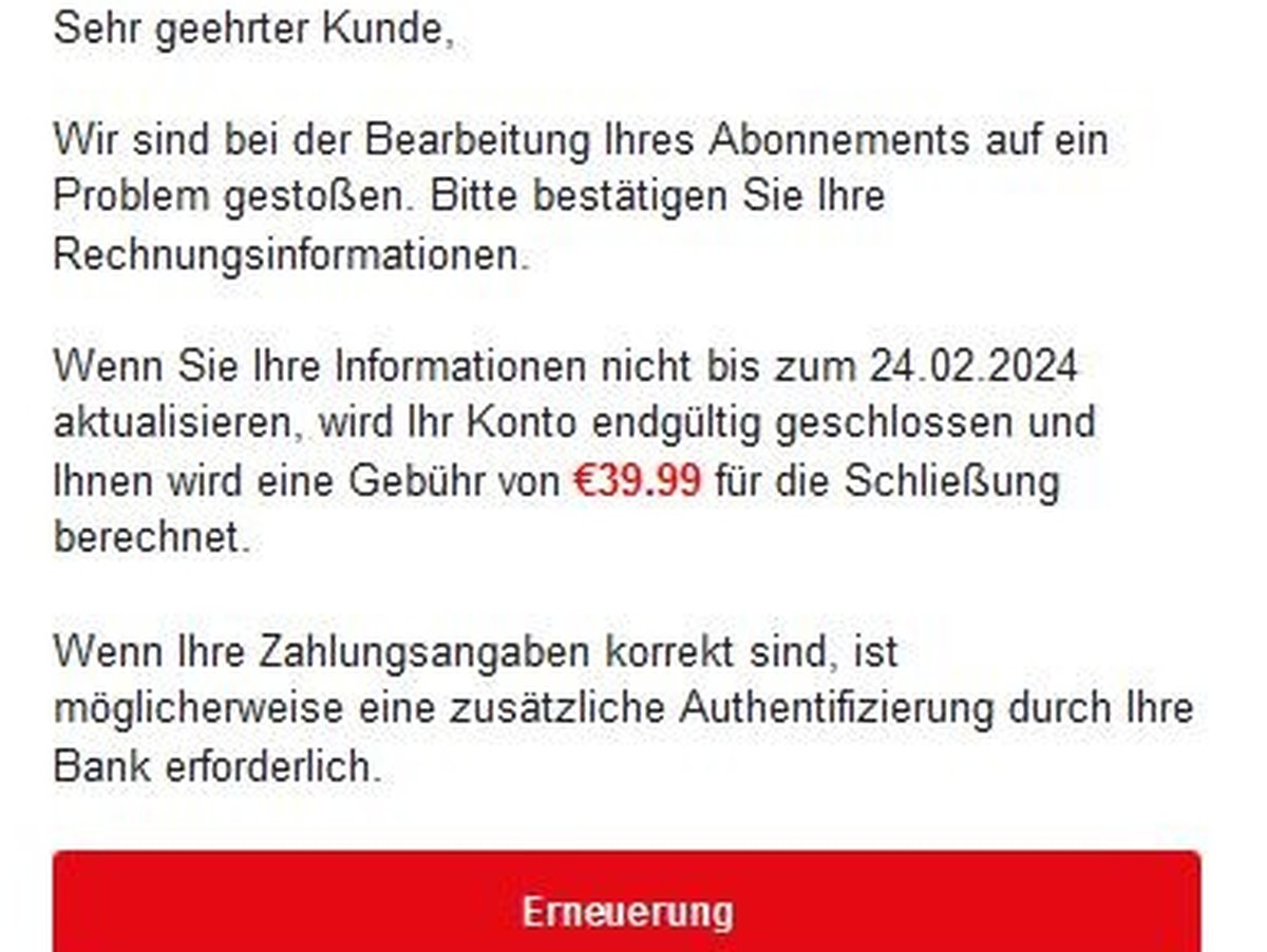 In aktuellen Phishing-Mails wird eine hohe Gebühr angedroht.