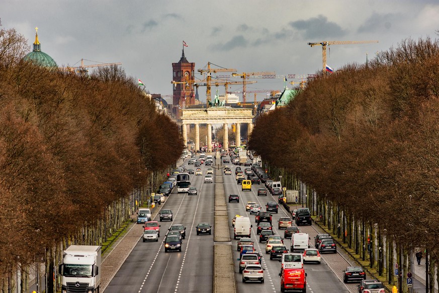 Berlin / Germany - March 10, 2017: View from the platform of the Victory Column (SiegessÃ¤ule) towards Brandenburg Gate and Berlin city center