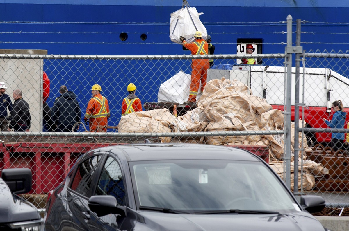 Debris from the Titan submersible, recovered from the ocean floor near the wreck of the Titanic, is unloaded from the ship Horizon Arctic at the Canadian Coast Guard pier in St. John&#039;s, Newfoundl ...
