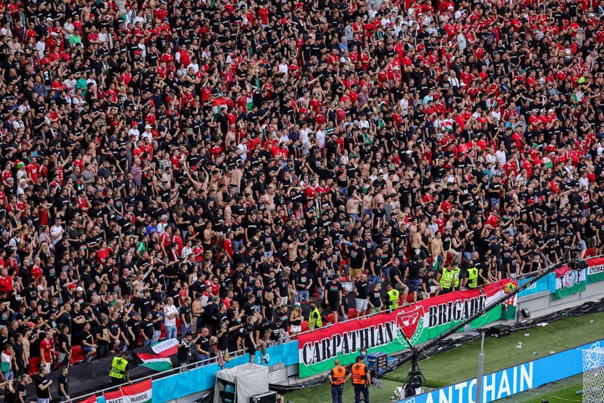 Budapest, Hungary, June 15h 2021: Full stands with fans in the Puska Arena during the European Championship, EM, Europameisterschaft football match between Hungary and Portugal at Puskas Ar na in Buda ...