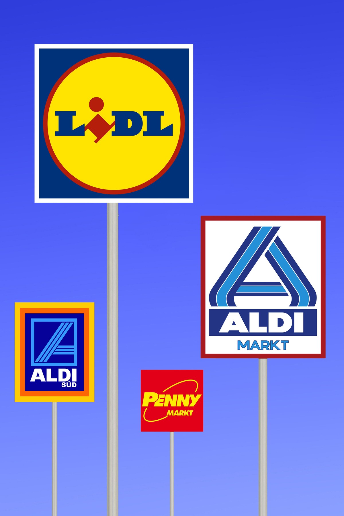 Hinweisschild Lebensmittel-Discounter, ALDI, LIDL und Penny, Symbolbild Preiskampf, Deutschland | signs of dicounters ALDI, LIDL and Penny, Germany