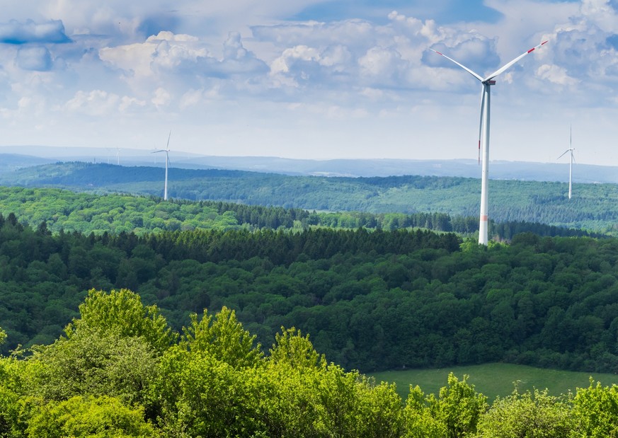 landscape windmills forest spring sustainability energy saarland nature germany