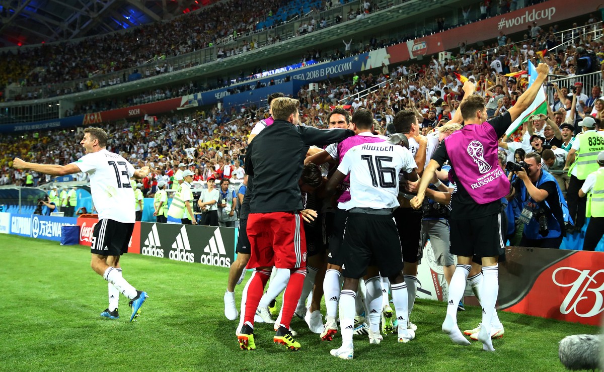 Soccer Football - World Cup - Group F - Germany vs Sweden - Fisht Stadium, Sochi, Russia - June 23, 2018 Germany's Toni Kroos celebrates scoring their second goal with team mates REUTERS/Michael ...