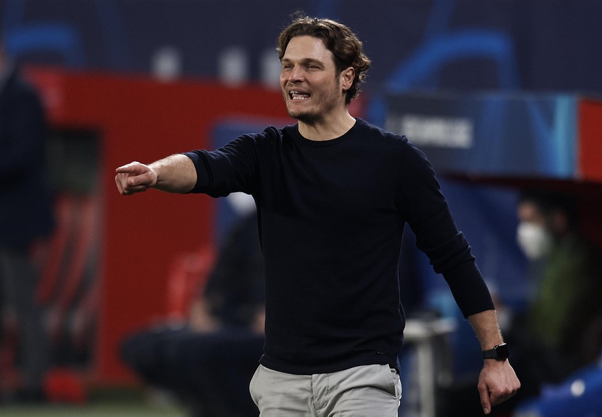 Edin Terzic head coach of Dortmund gives instructions during the UEFA Champions League Round of 16 match between Sevilla FC and Borussia Dortmund at Estadio Ramon Sanchez Pizjuan on February 17, 2021  ...