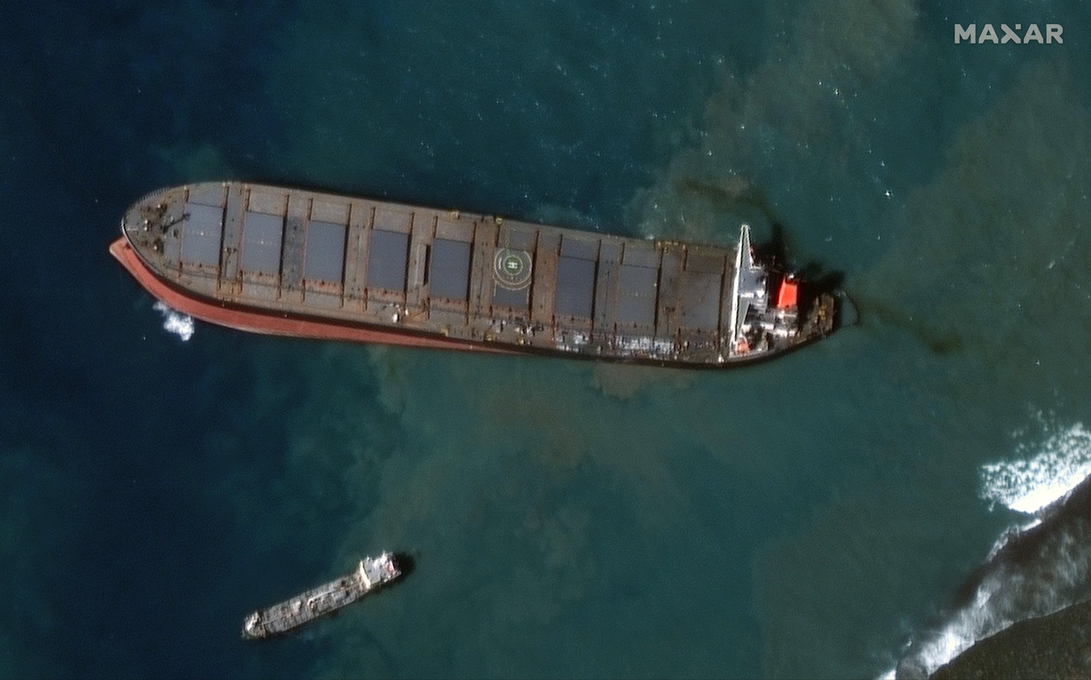 August 12, 2020, Pointe d Esny, Mauritius: Satellite imagery of the MV Wahashio shipwreck off the southeast coast of Mauritius, showing efforts to contain the oil from the ship as well as multiple loc ...