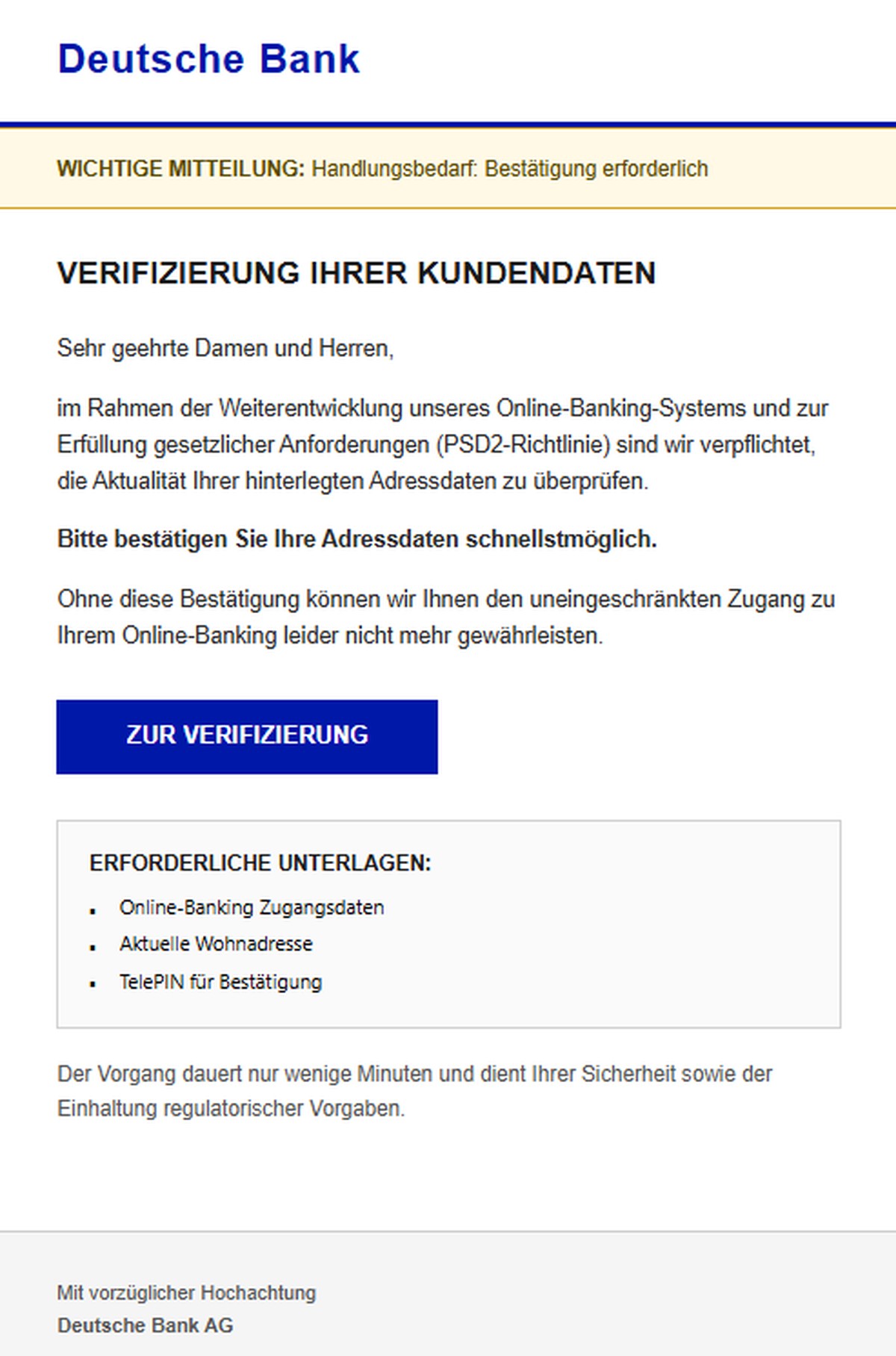 Vor dieser Mail warnt die Verbraucherzentrale Kunden der Deutschen Bank.