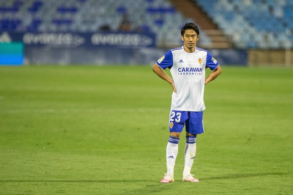 August 16, 2020, Zaragoza, ZARAGOZA, SPAIN: Shinji Kagawa, of Zaragoza during the Liga SmartBank, play off football match played between Real Zaragoza and Elche Club Futbol at Romaleda Stadium on Augu ...