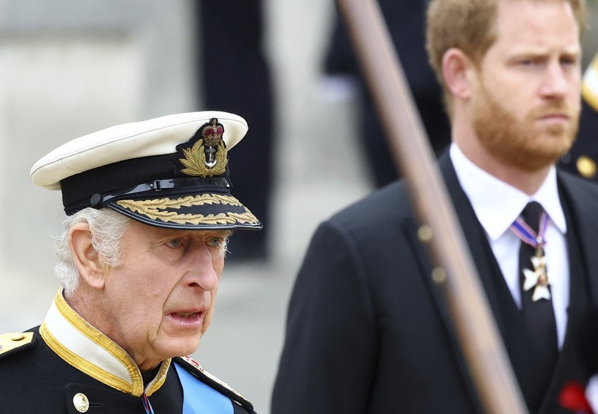Britain&#039;s King Charles III and Prince Harry attend the state funeral and burial of Britain&#039;s Queen Elizabeth, in London, Monday Sept. 19, 2022. (Hannah Mckay/Pool Photo via AP)