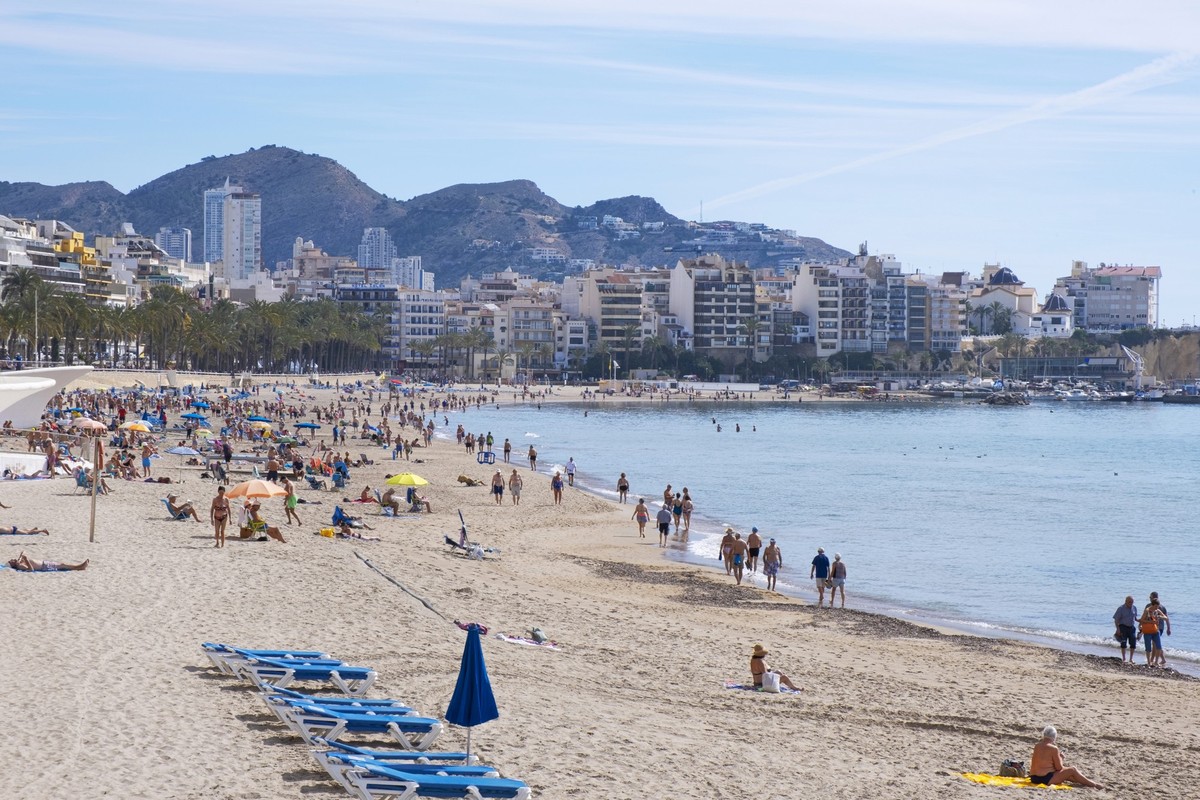 Benidorm, Spain, March 12, 2020. Tourists enjoying the beach in Benidorm, Alicante, Spain.