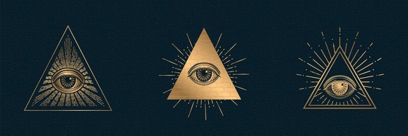 All seeing eye vector, illuminati symbol in triangle with light ray, tattoo design isolated on black background.