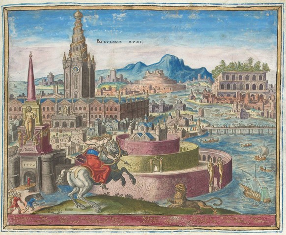 Walls of Babylon Babylonis Muri The eight world wonders. The walls of Babylon, built in circles. At the left rear a large building with tower. In the foreground Queen Semiramis as an Amazon on horseba ...