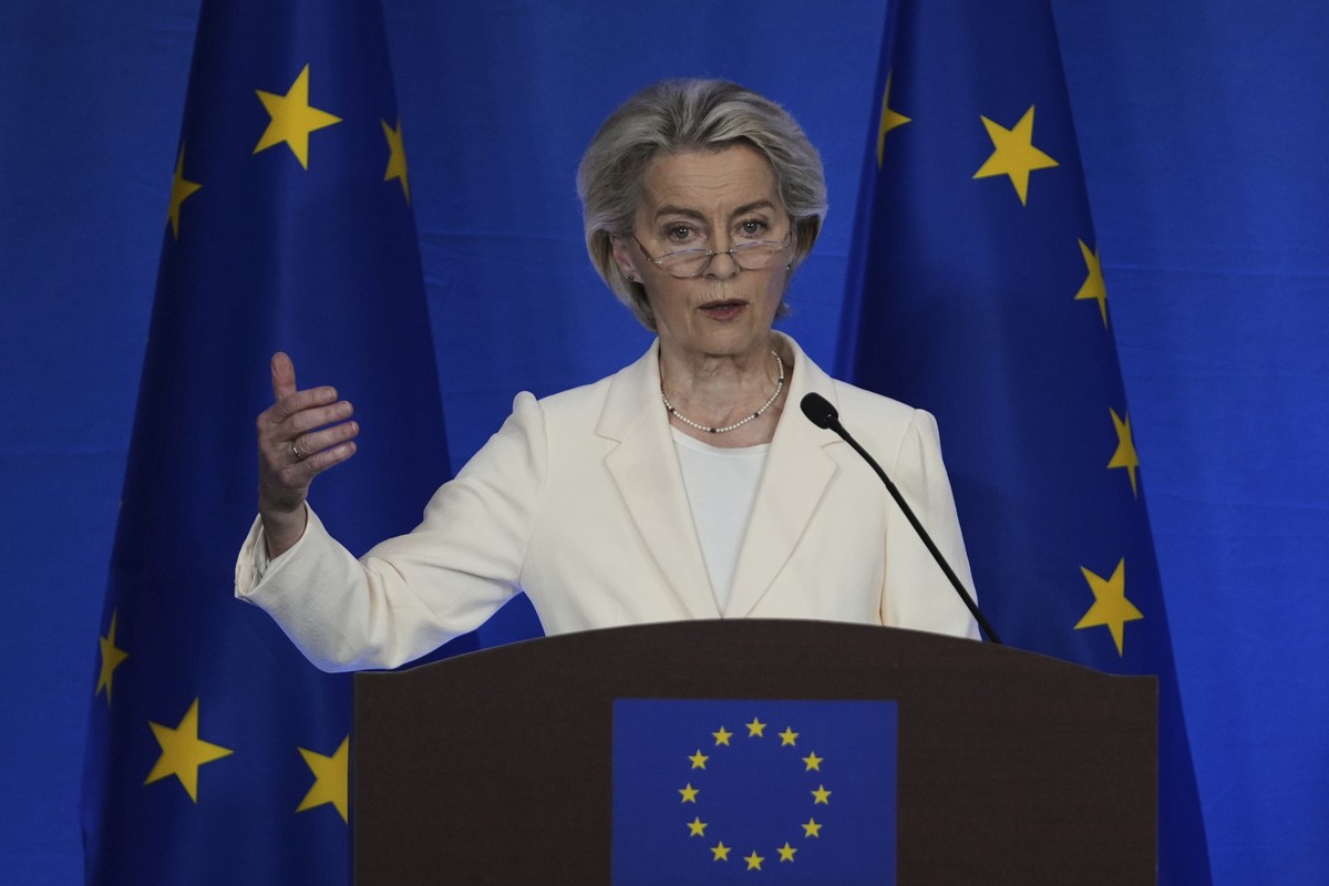 President of the European Commission Ursula von der Leyen speaks during a press conference with President of the European Council Antonio Costa after attending the China EU Summit with Chinese leaders ...