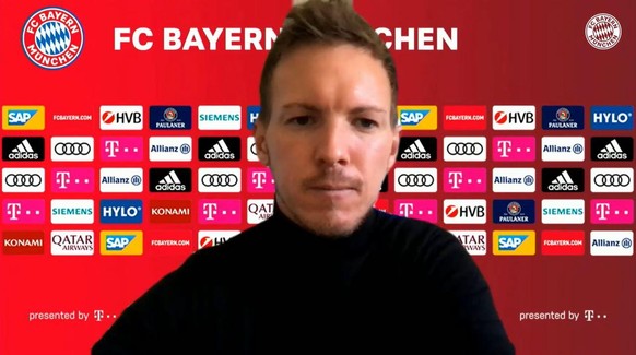 Bayern-Coach Nagelsmann befindet sich weiter in Corona-Quarantäne und war per Video aus seiner Küche zugeschaltet.