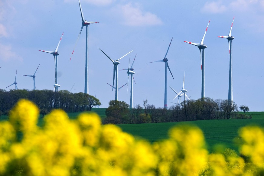 27.04.2022, DEU Rapsfeld und Windraeder in der Naehe von Weissenfels *** 27 04 2022, DEU Rape field and wind turbines near Weissenfels