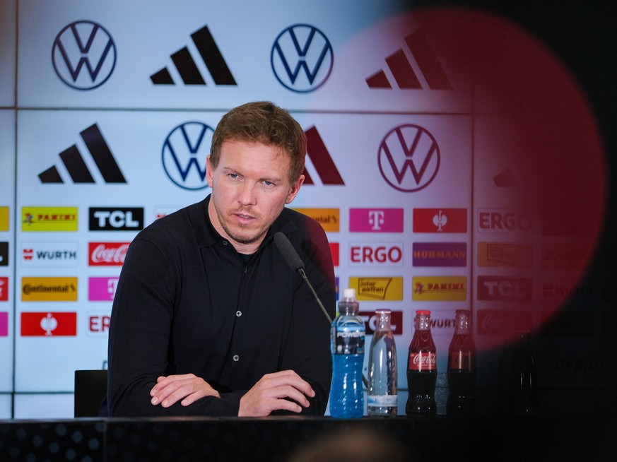 Julian Nagelsmann Deutschland, Bundestrainer, GER, Pressekonferenz zur Kadernominierung der Maennernationalmannschaft fuer die Maerz Laenderspiele, DFB Campus, 14.03.2024. GER, Pressekonferenz zur Kad ...