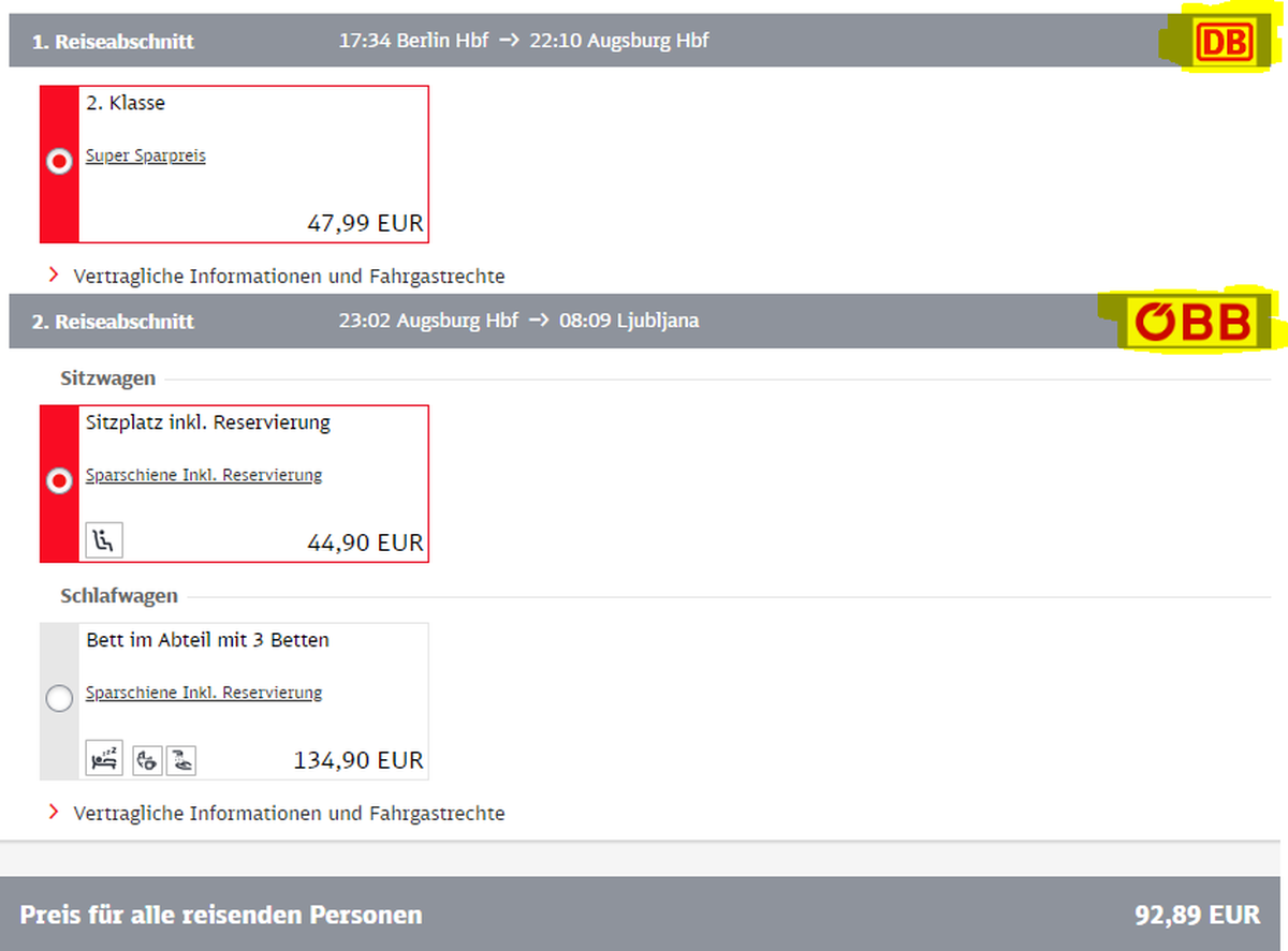 Gelb markiert sind hier die beiden verschiedenen Bahngesellschaften, DB und ÖBB.