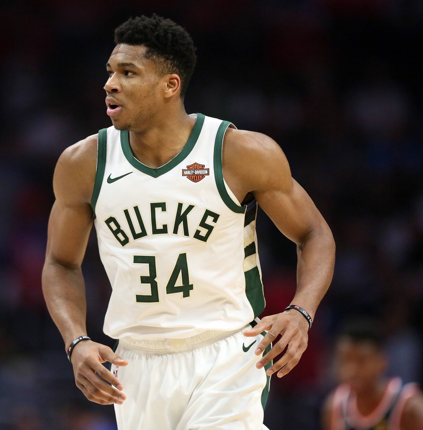 LOS ANGELES, CA - NOVEMBER 10: Milwaukee Bucks forward Giannis Antetokounmpo (34) reacts after a call during the game against the Los Angeles Clippers on November 10, 2018, at Staples Center in Los An ...