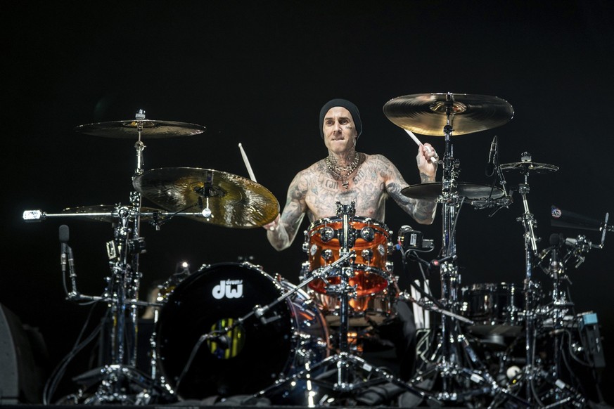 Travis Barker of Blink-182 performs at the Coachella Music and Arts Festival at the Empire Polo Club on Sunday, April 24, 2023, in Indio, Calif. (Photo by Amy Harris/Invision/AP)