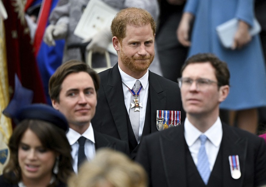 Britain&#039;s Prince Harry, Duke of Sussex, leaves Westminster Abbey following the coronation ceremony of Britain&#039;s King Charles and Queen Camilla, in London, Saturday, May 6, 2023. (Toby Melvil ...