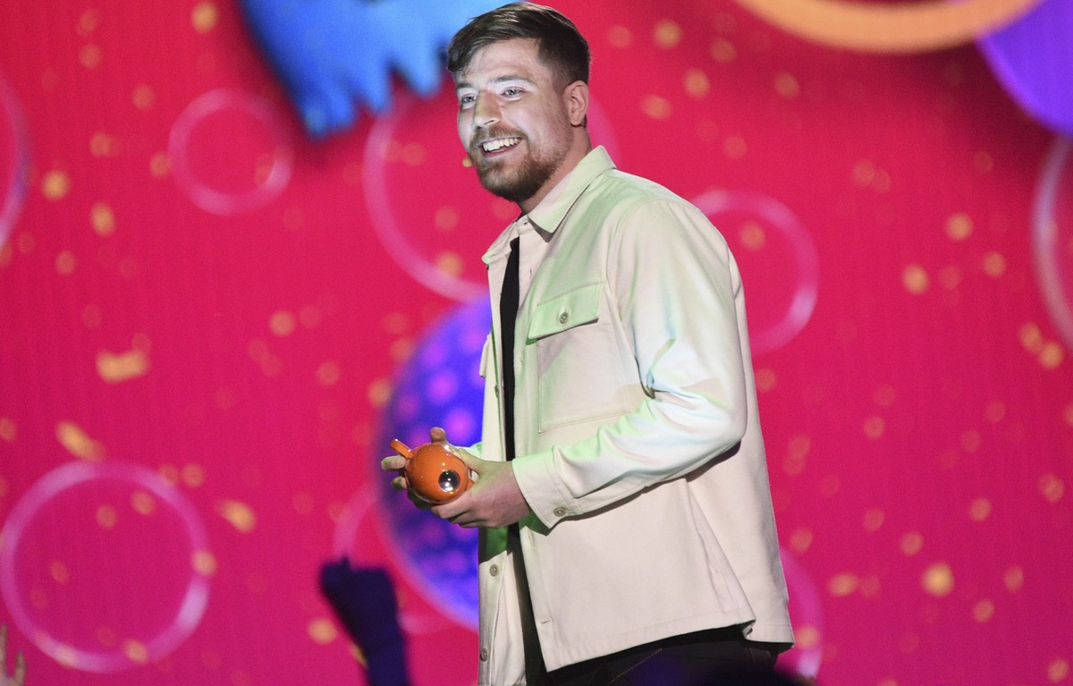 MrBeast accepts the award for favorite male creator during the Nickelodeon Kids&#039; Choice Awards on Saturday, March 4, 2023, at Microsoft Theater in Los Angeles. (Photo by Richard Shotwell/Invision ...