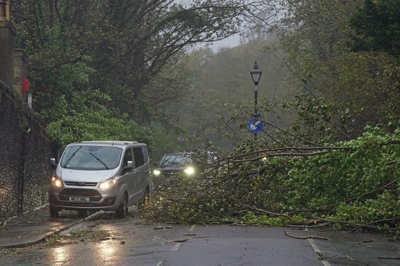 02.11.2023, Gro�britannien, Dover: Autos fahren an einem umgest�rzten Baum vorbei, w�hrend der Sturm &quot;Ciaran&quot; (�Emir�) an der S�dk�ste Englands starken Wind und heftigen Regen mit sich bring ...