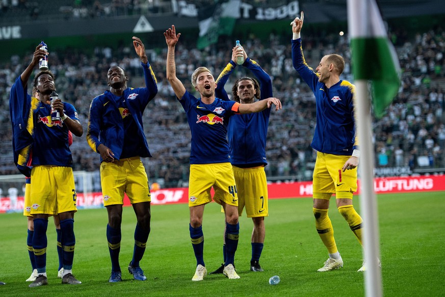 20 April 2019, North Rhine-Westphalia, Mönchengladbach: Soccer: Bundesliga, Borussia Mönchengladbach - RB Leipzig, 30th matchday. Leipzig&#039;s Nordi Mukiele (l-r), Ibrahima Konate, Kevin Kampl, Marc ...