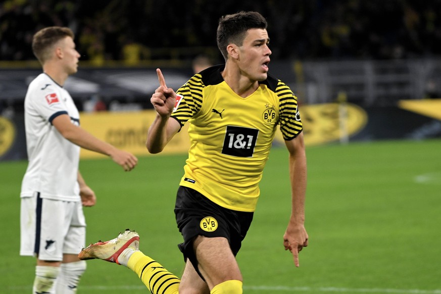 Dortmund, Signal Iduna Park, 27.08.21, GER, Herren, 1.Bundesliga, Saison 2021-2022, Borussia Dortmund - TSG 1899 Hoffenheim Bild: Giovanni Reyna Dortmund jubelt nach seinem Tor zum 1:0 Nur fuer journa ...