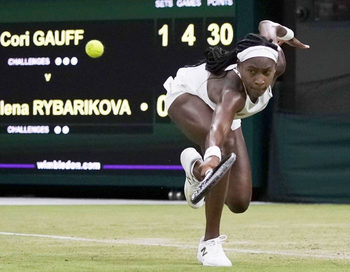 Tennis: Wimbledon championships Fifteen-year-old Cori Gauff of the United States plays against Slovakia s Magdalena Rybarikova in the second round of Wimbledon on July 3, 2019. Gauff won 6-3, 6-3. PUB ...