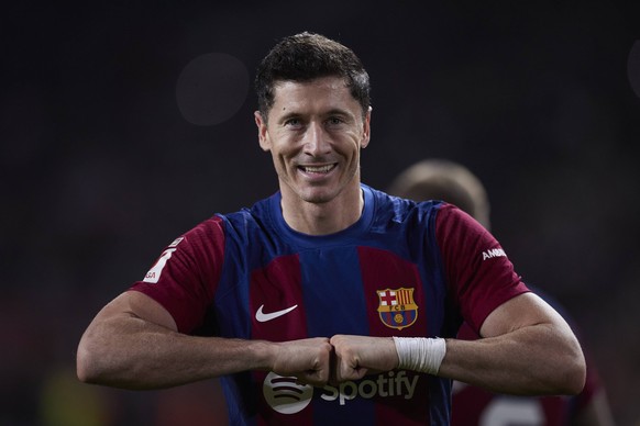 Sports images of the day FC Barcelona, ​​​​Barça x Deportivo Alaves - LaLiga EA Sports Robert Lewandowski of FC Barcelona reacts after scoring a goal during the LaLiga EA Sports match between FC Barcelona and ...