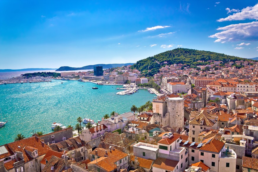 Split waterfront and Marjan hill aerial view, Dalmatia, Croatia