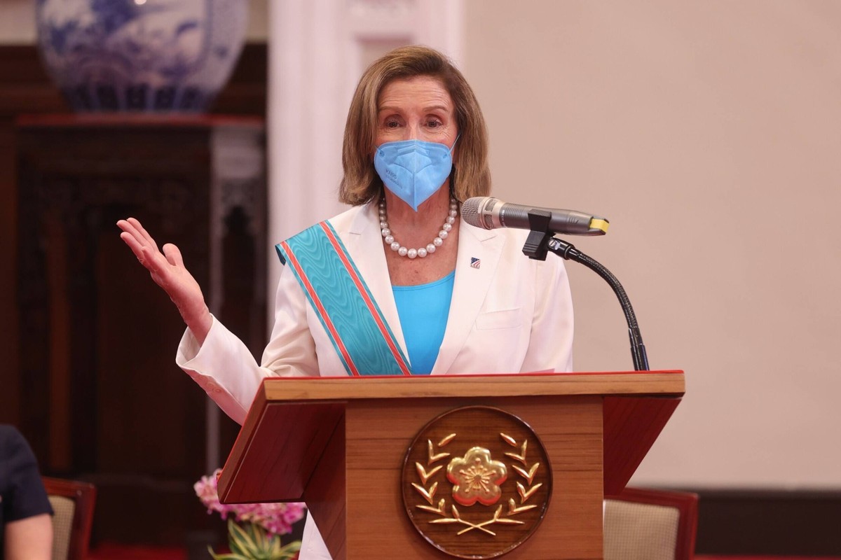 August 2, 2022, Taipei, Taipei, Taiwan: U.S. House Speaker NANCY PELOSI gives a speech during a meeting with Taiwan President TSAI ING-WEN at the presidential palace in Taipei, as Nancy Pelosi visits  ...