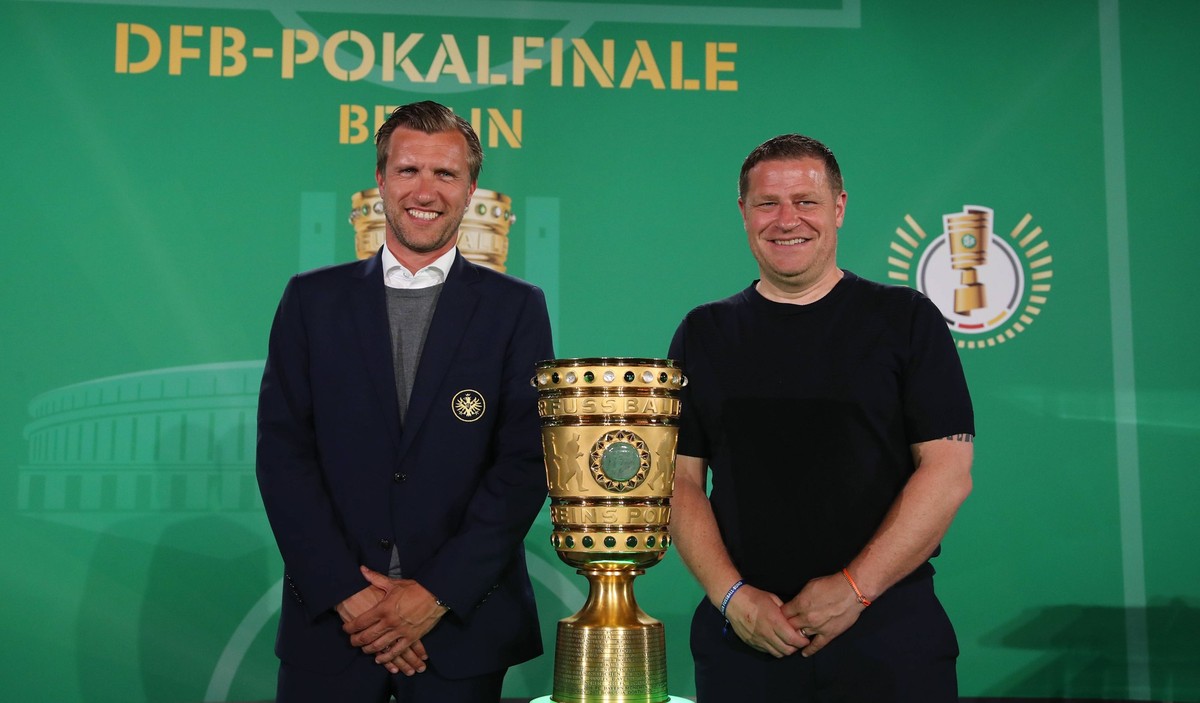 Markus Krösche SGE, Max Eberl RBL / / Fußball Fussball / Cup Handover DFB Pokal 2023 / Saison 2022/2023 / 22.05.2023 / RasenBall Sport Leipzig RBL vs SG Eintracht Frankfurt / *** Markus Krösche SGE , ...