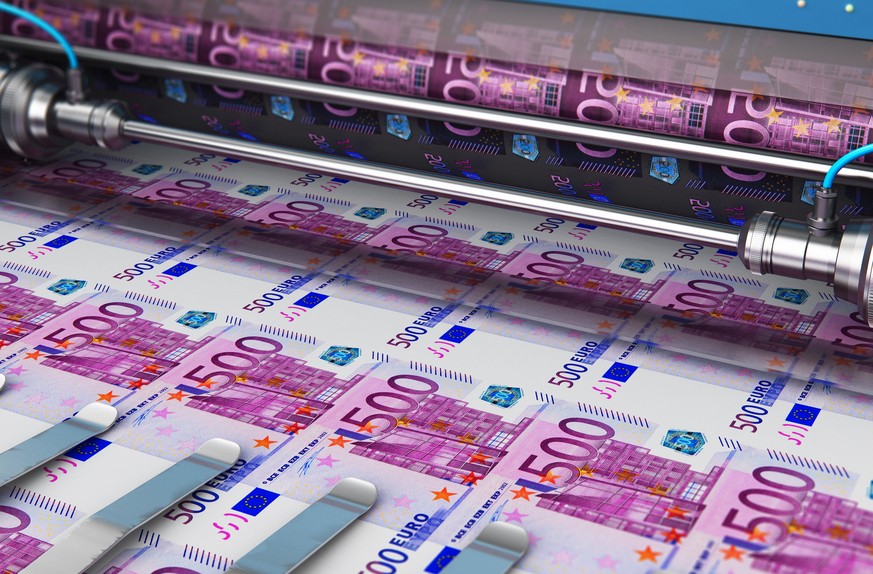 Business success, finance, banking, accounting and making money concept: 3D render illustration of printing 500 Euro money paper cash banknotes on print machine in typography