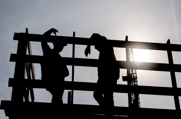 ARCHIV - 22.07.2018, Brandenburg, Frankfurt (Oder): Im Gegenlicht der Morgensonne stehen zwei Arbeiter auf einem Ger