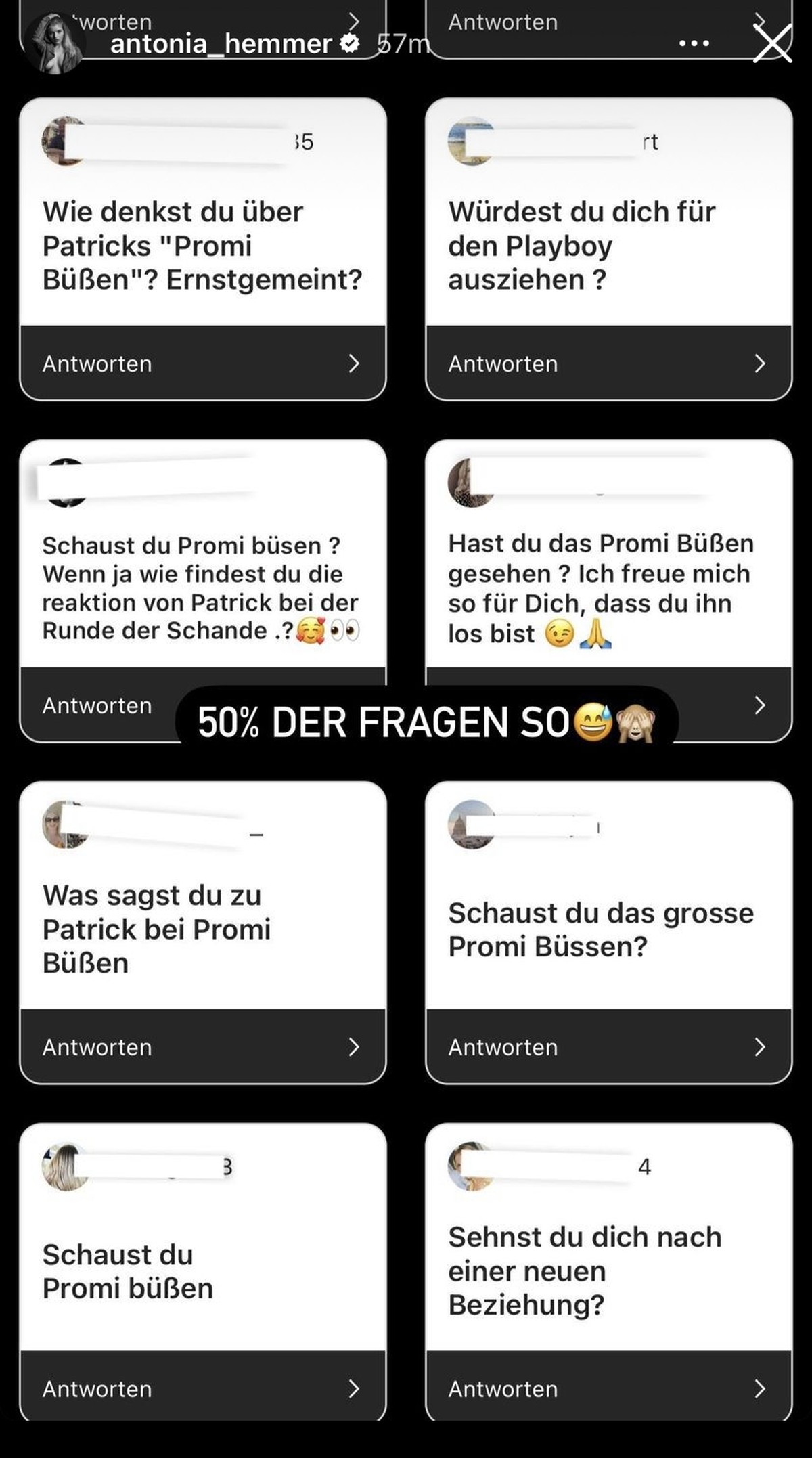 Die Hälfte der Fragen beziehen sich auf Patricks Auftritt beim "Promi-Büßen".