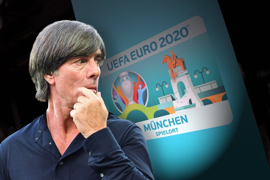 FOTOMONTAGE: Wegen Corona-Bundestrainer Joachim Jogi LOEW -Sorge vor EM Absage. Archivfoto: Logo des Spielortes Muenchen. Pressetermin aMunich loves Europe im Olympiapark noch 100 Tage bis zum Start d ...