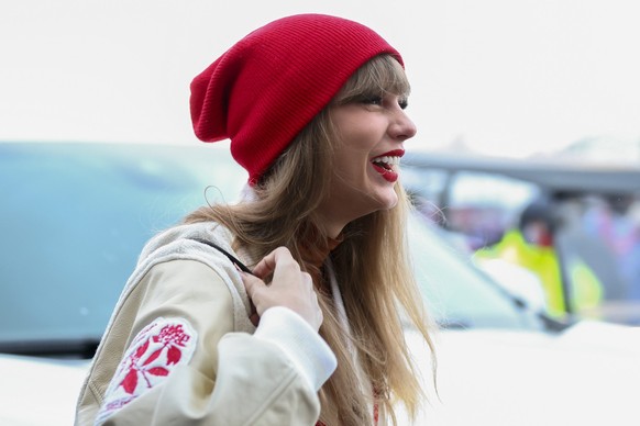 Taylor Swift arrives at Highmark Stadium to watch an NFL AFC division playoff football game between the Buffalo Bills and the Kansas City Chiefs, Sunday, Jan. 21, 2024, in Orchard Park, N.Y. (AP Photo ...