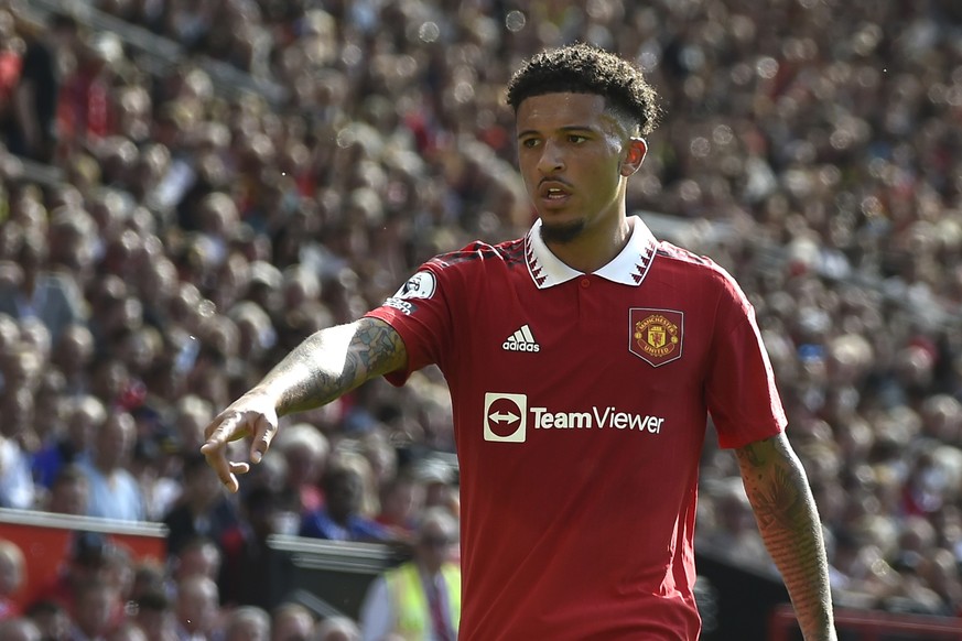 Manchester United&#039;s Jadon Sancho during the English Premier League soccer match between Manchester United and Fulham at Old Trafford in Manchester, England, Sunday, May 28, 2023. (AP Photo/Rui Vi ...