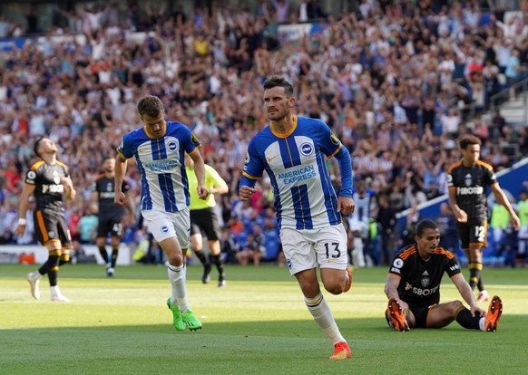 Brighton and Hove Albion v Leeds United - Premier League - AMEX Stadium Brighton and Hove Albion s Pascal Gross centre celebrates scoring the first goal of the game during the Premier League match at  ...