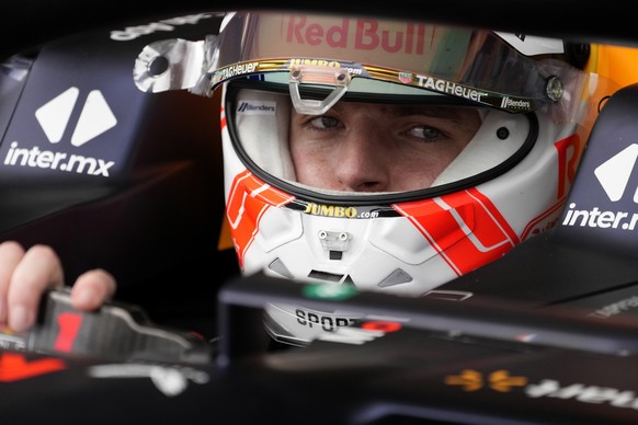 Red Bull driver Max Verstappen of the Netherlands stops his car in the pit lane during a practice session at the Baku circuit in Baku, Azerbaijan, Friday, April 28, 2023. The Formula One Grand Prix wi ...