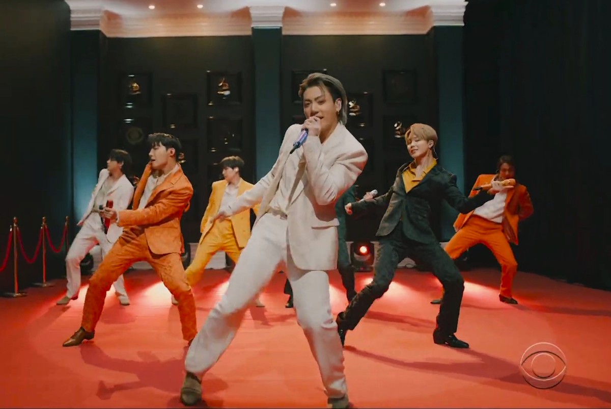 In this video grab provided by CBS and the Recording Academy, BTS performs "Dynamite" at the 63rd annual Grammy Awards at the Los Angeles Convention Center on Sunday, March 14, 2021. (CBS/Re ...